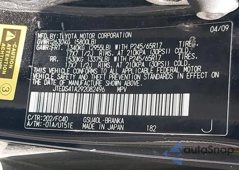 2009 Toyota Highlander z USA, uszkodzony, nr VIN JTEDS41A292082496